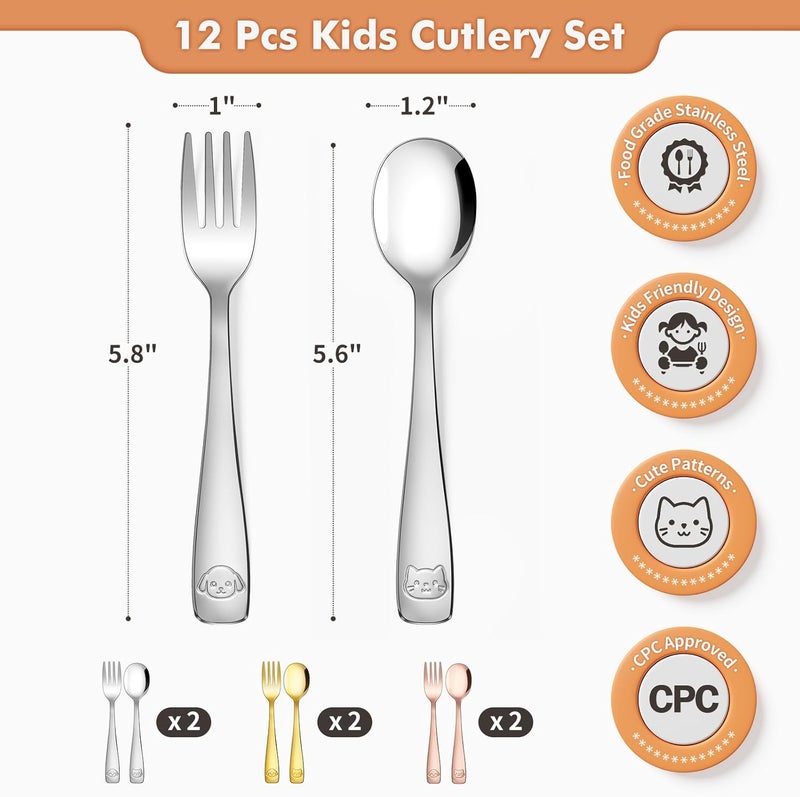 DRKIO Stainless Steel Toddler Utensils Set - 12 Pieces Kids Silverware Set Children Safe Food Grade Small Forks and Spoons Dishwasher Safe Mirror Polished - Image 2